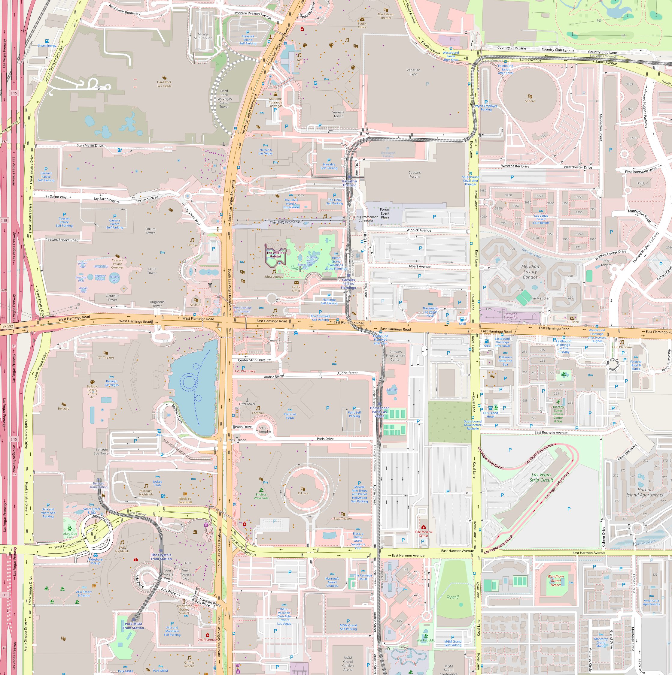 Map of the Las Vegas Strip between Sands Avenue and Harmon Avenue